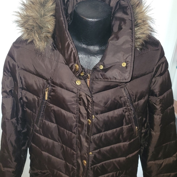 Michael Kors Petite Faux-Fur-Collar Zip Hooded Down Puffer Coat Dark Brown XL - Picture 4 of 6